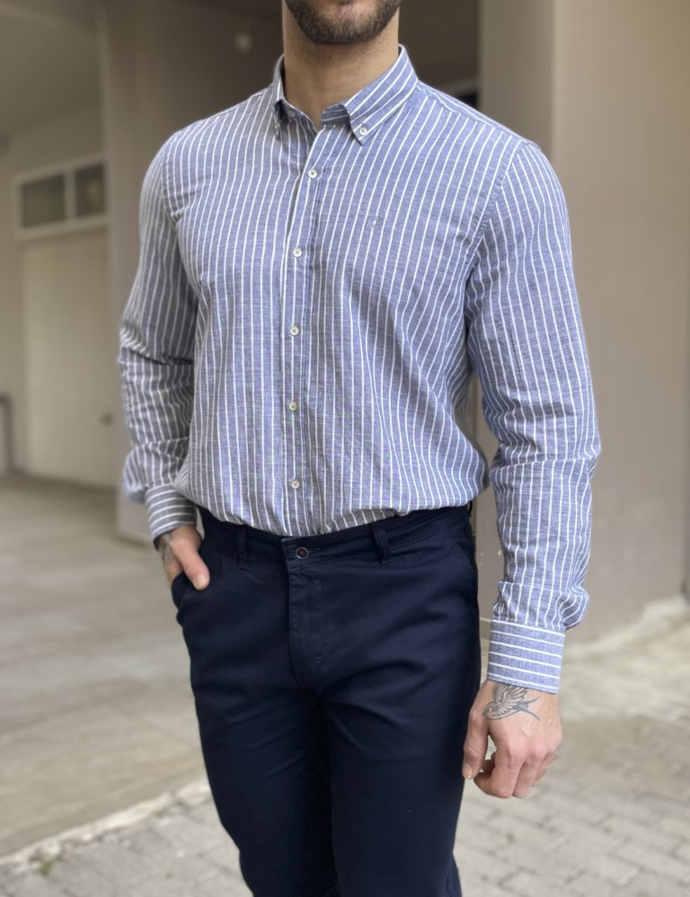 Ανδρικό γκρι ριγέ πουκάμισο με γιακά 1566G φωτογραφία